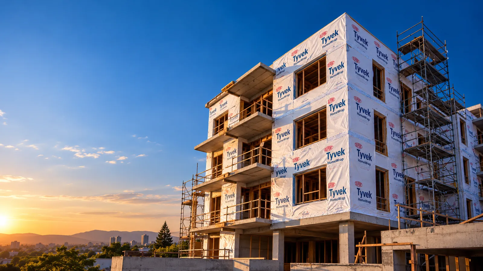 Edificio en obra envuelto en barrera Tyvek blanca