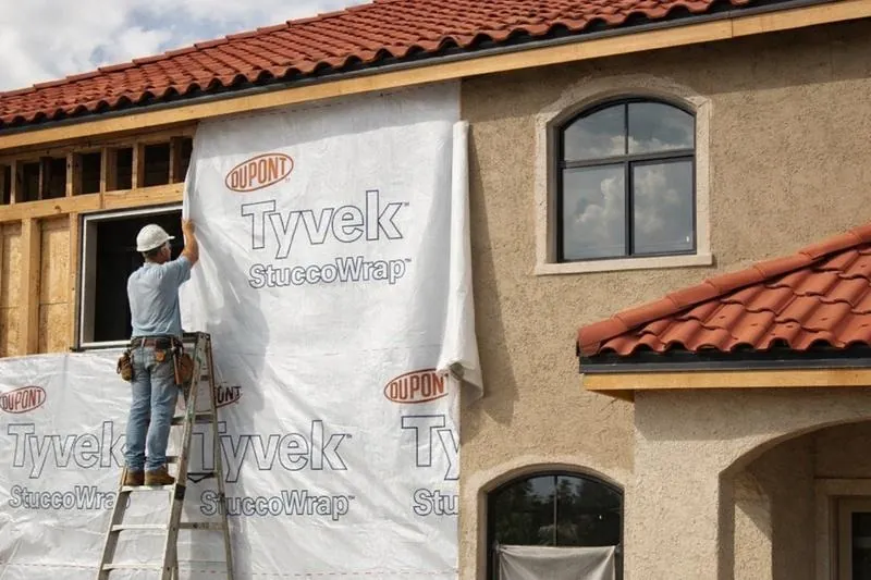 Instalador colocando Tyvek StuccoWrap en el muro de una casa